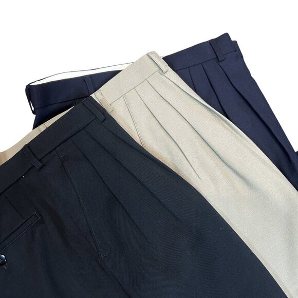 Set of 3 Hand Tailored 100% Wool Pleated Front Pants Size 36 NEW Black Navy Tan - Picture 2 of 9